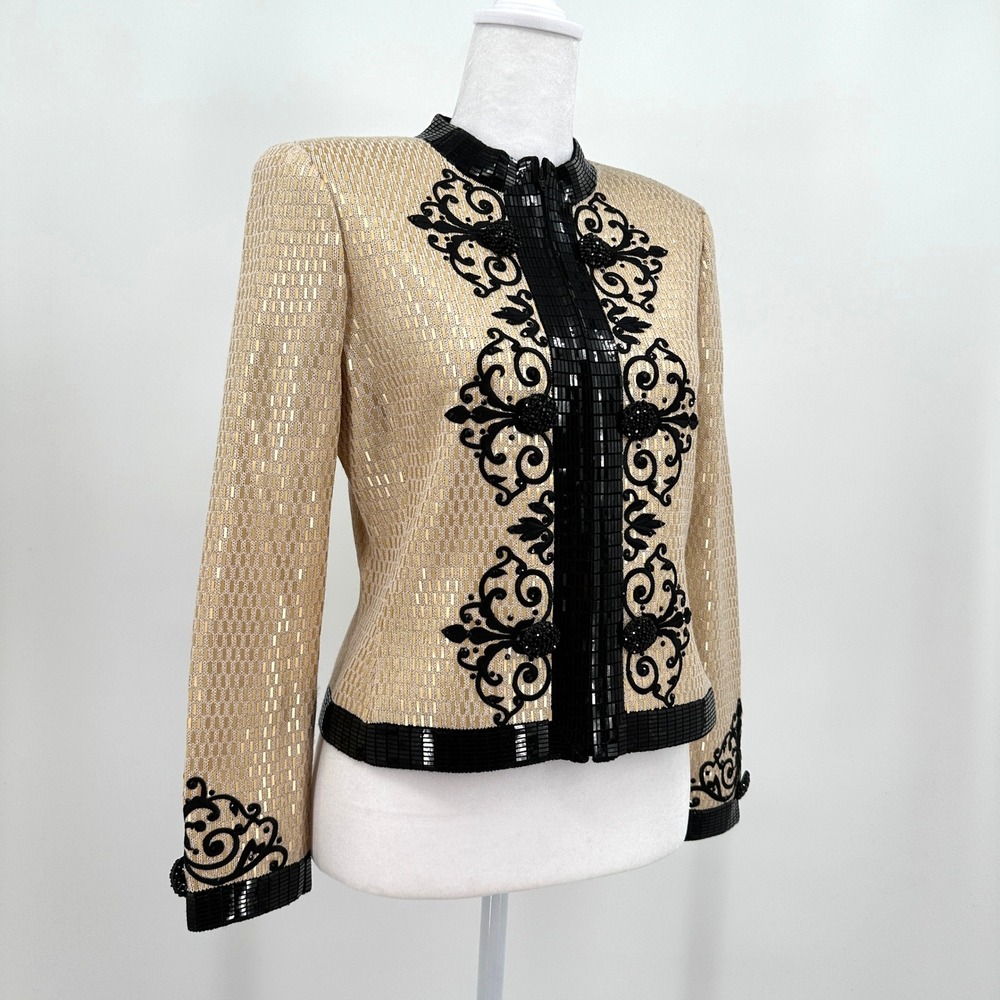 St John Evening Marie Gray Gold Black Knit Sequin Embroidered Jacket Beaded US 4 - Picture 6 of 13